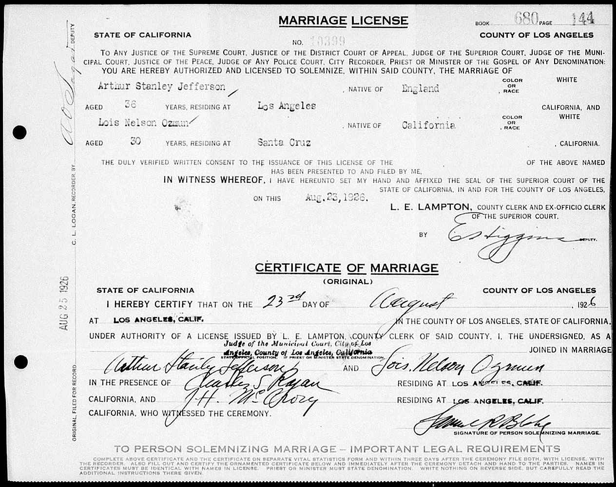 Marriage License Between Stan Laurel and Lois Neilson