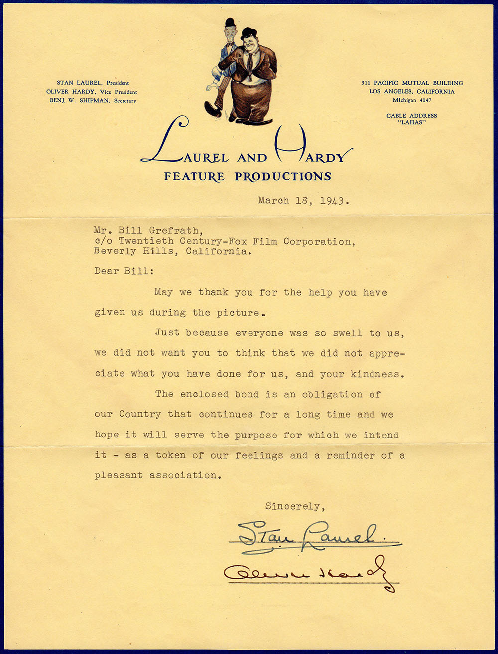 Rare Letter from both Stan Laurel & Oliver Hardy to Bill Grefrath