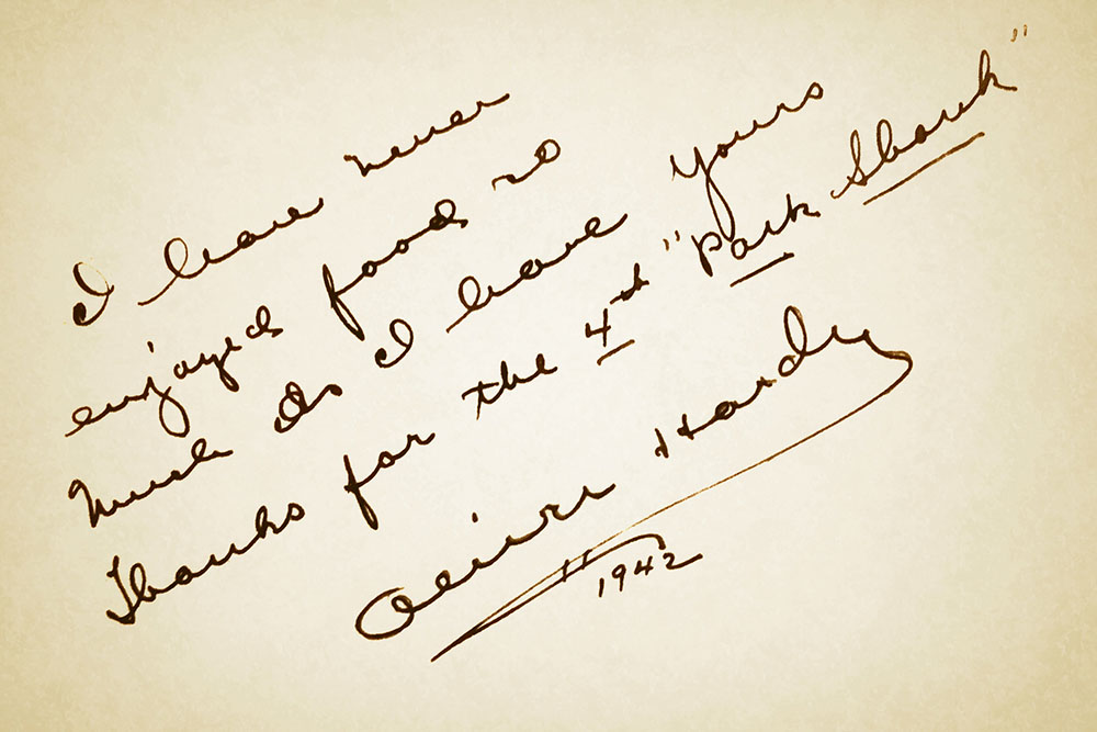 Note from Oliver Hardy to Mader's Restaurant