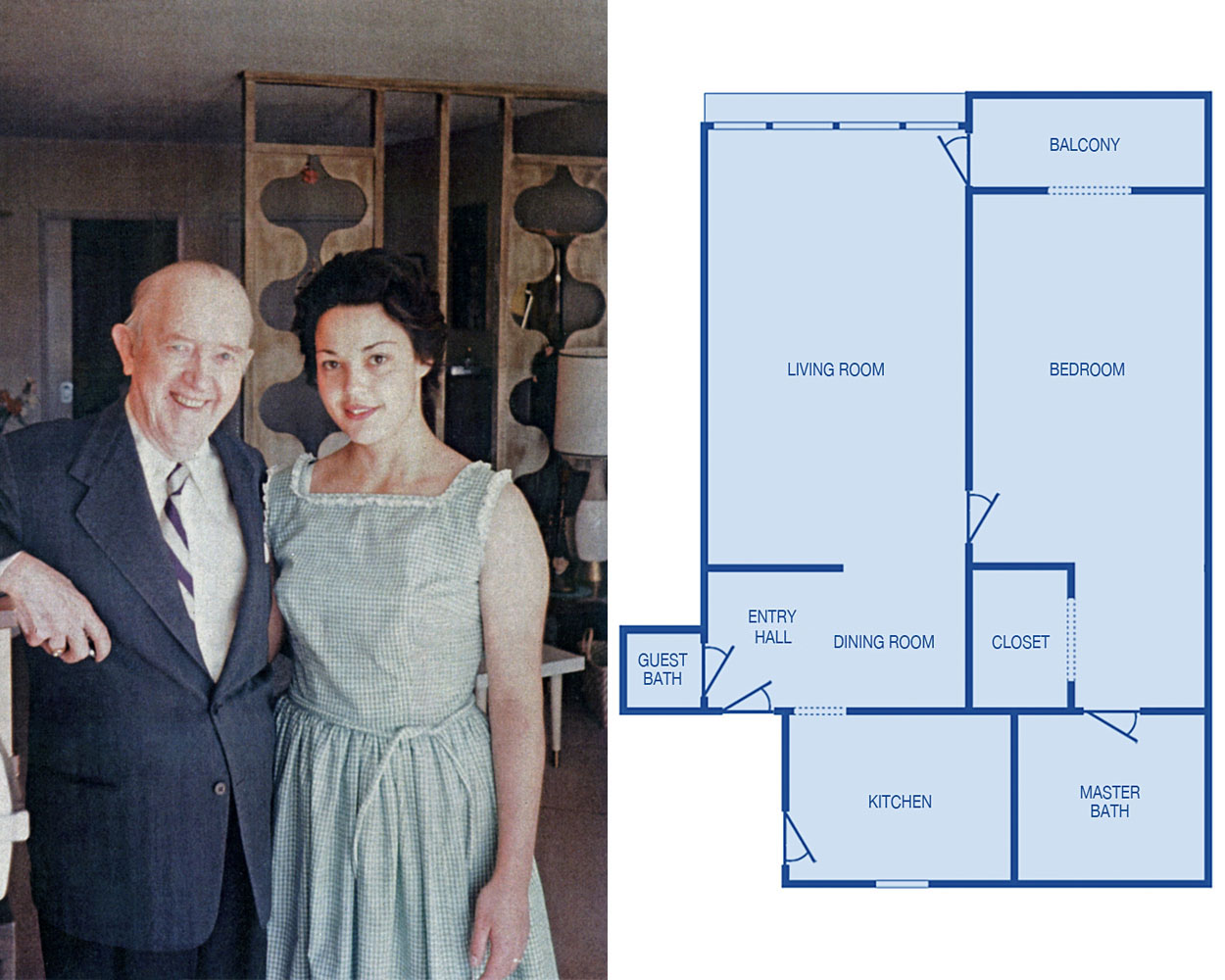 Stan and Pat Stowell in Stan’s Living Room and a Floorplan for the Oceana Apartment
